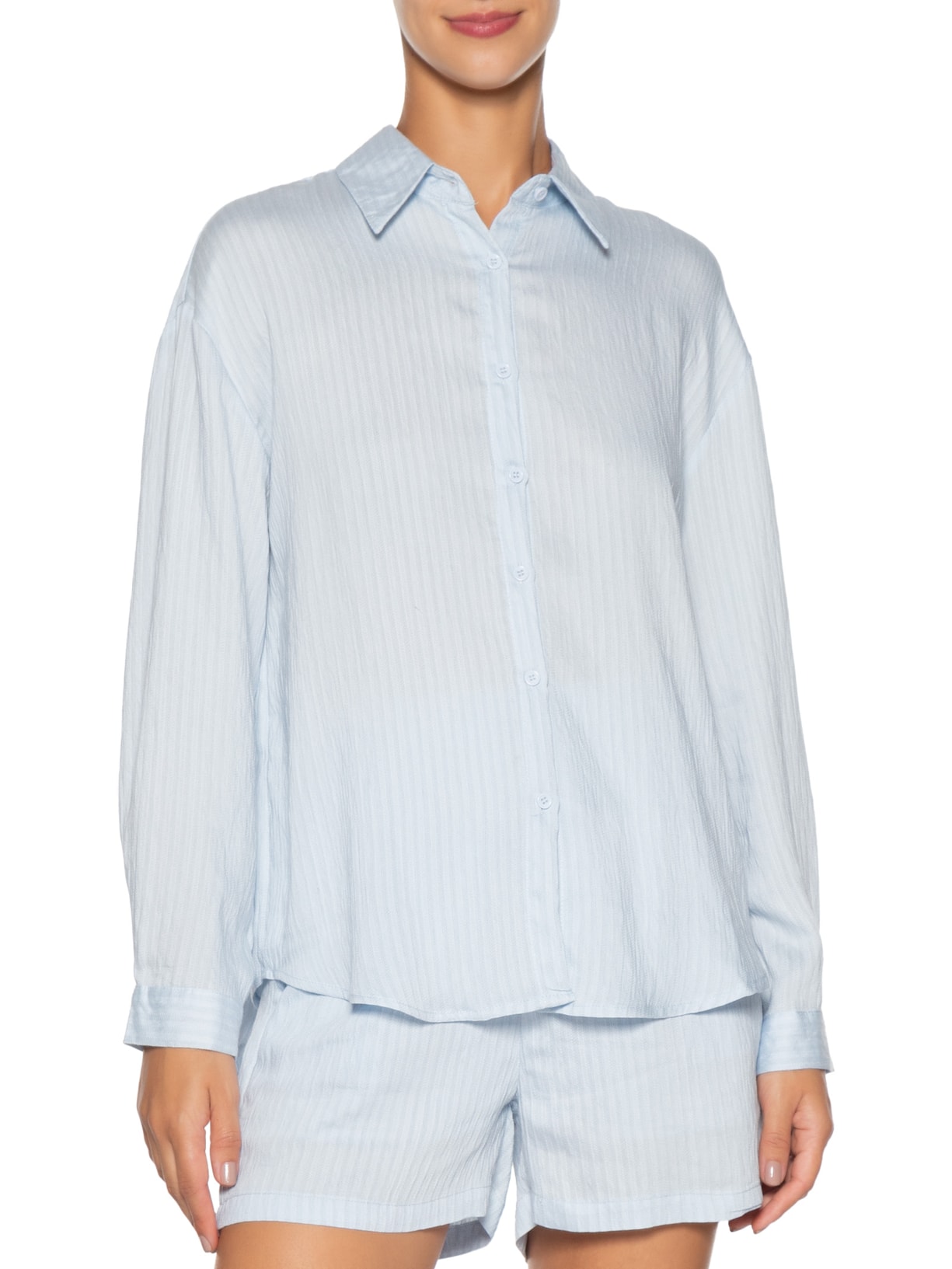 Conjunto Feminino Camisa Com Short Com Linho Azul Basiq