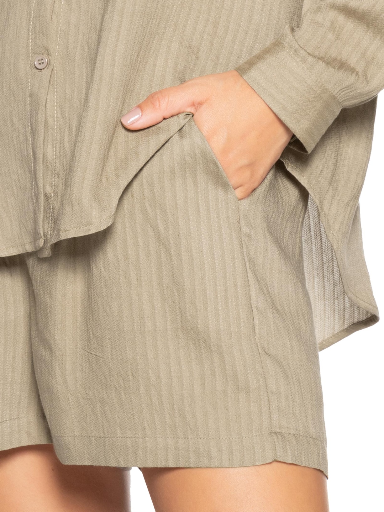 Conjunto Feminino Camisa Com Short Com Linho Bege Basiq