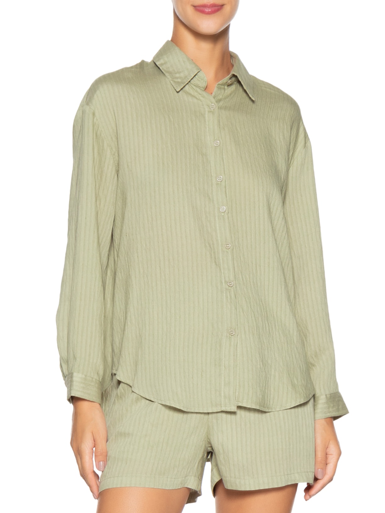 Conjunto Feminino Camisa Com Short Com Linho Verde Basiq