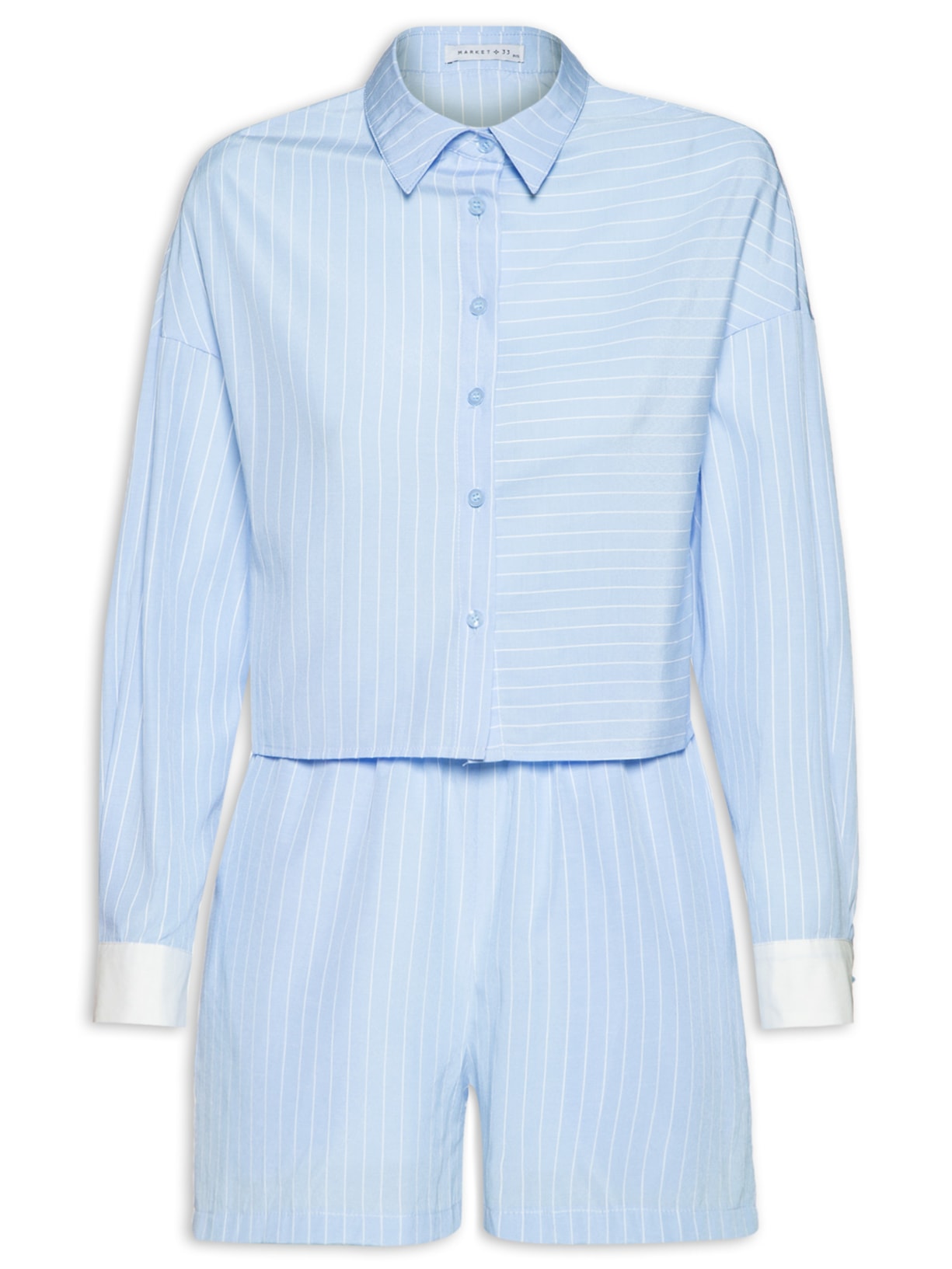 Conjunto Feminino Camisa Cropped Manga Longa E Short Listrado - Azul