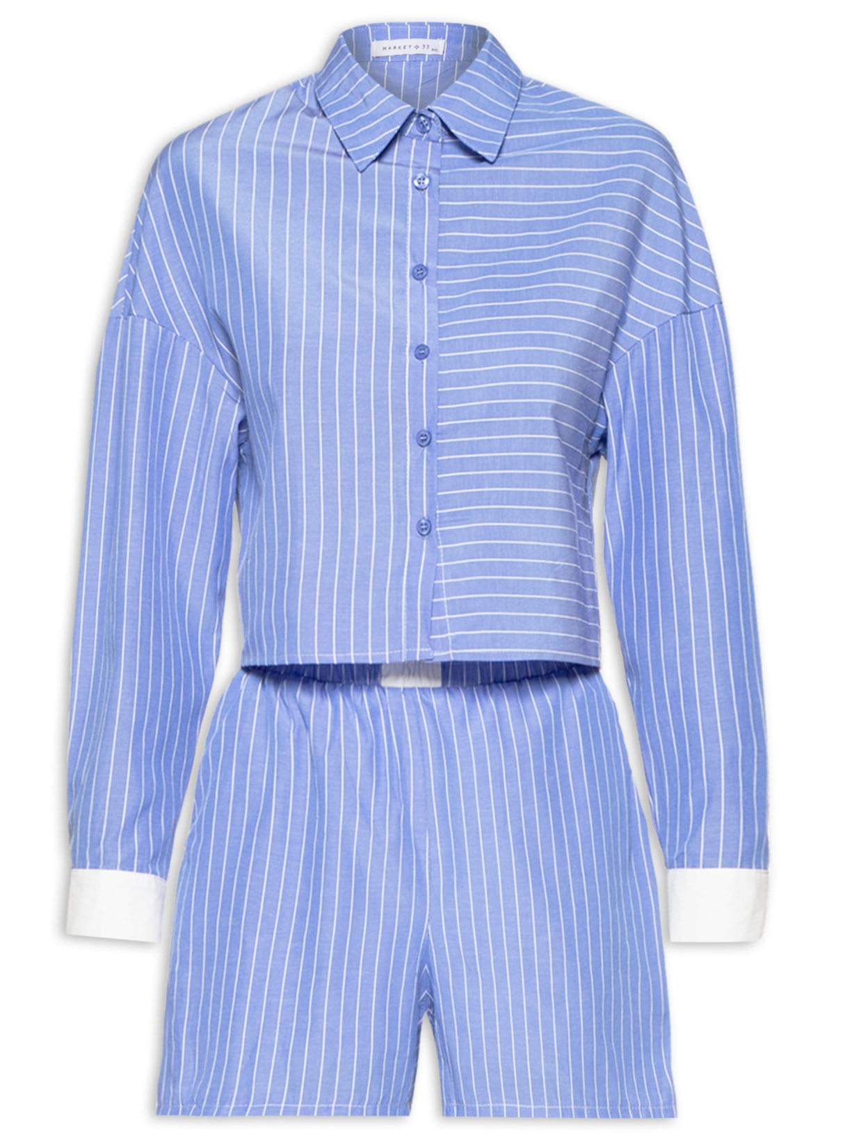 Conjunto Feminino Camisa Cropped Manga Longa E Short Listrado - Azul