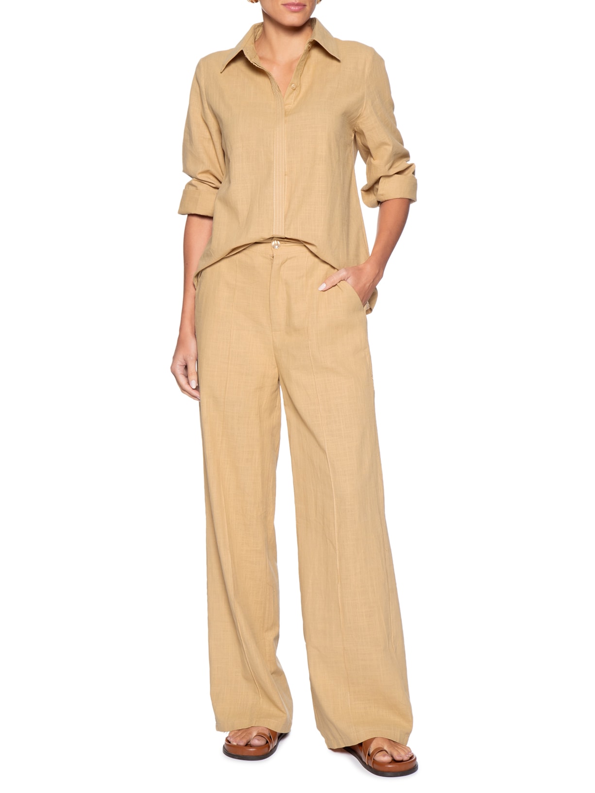 Conjunto Feminino Camisa E Calça Amarelo Basiq