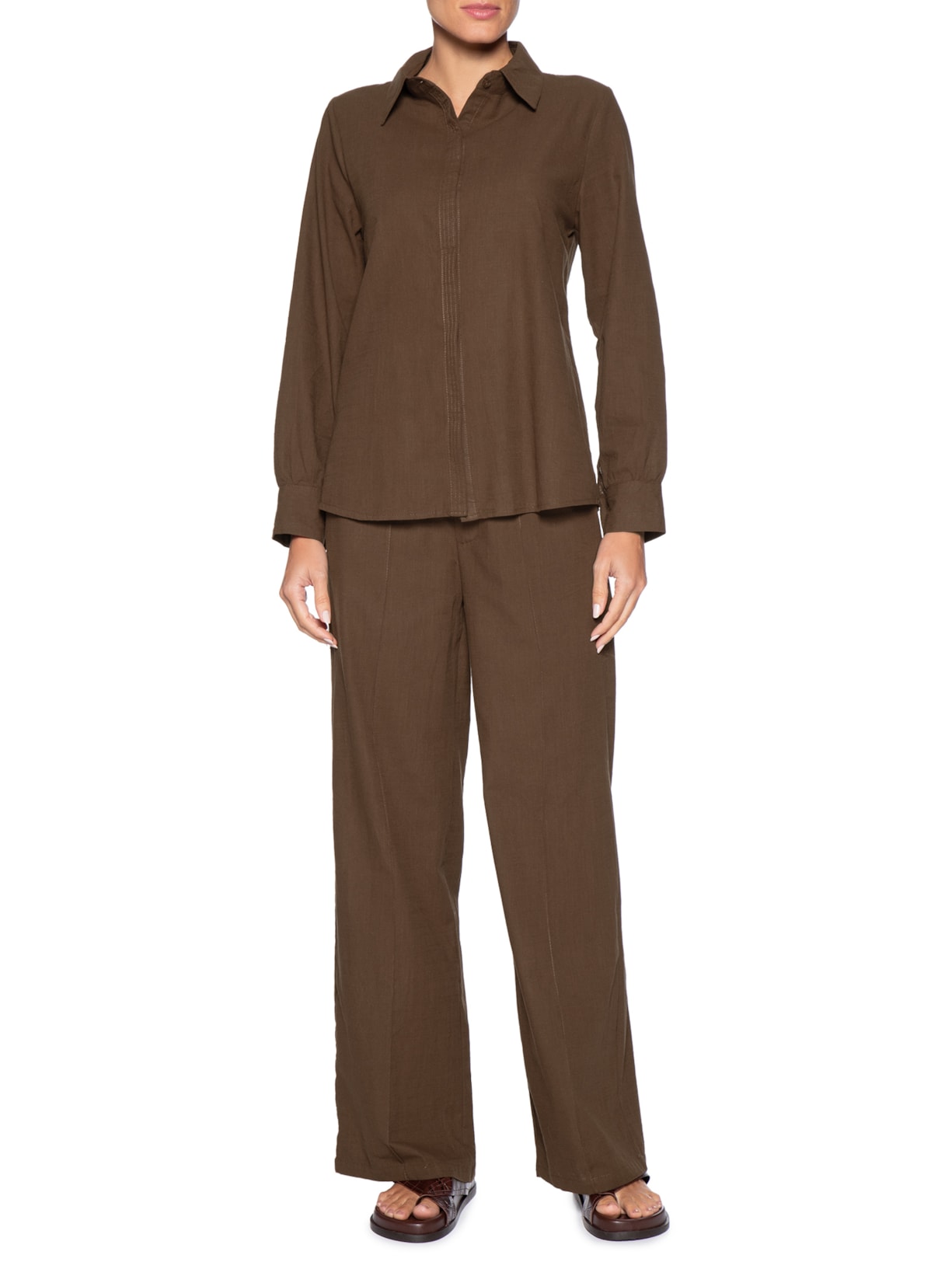 Conjunto Feminino Camisa E Calça Marrom Basiq