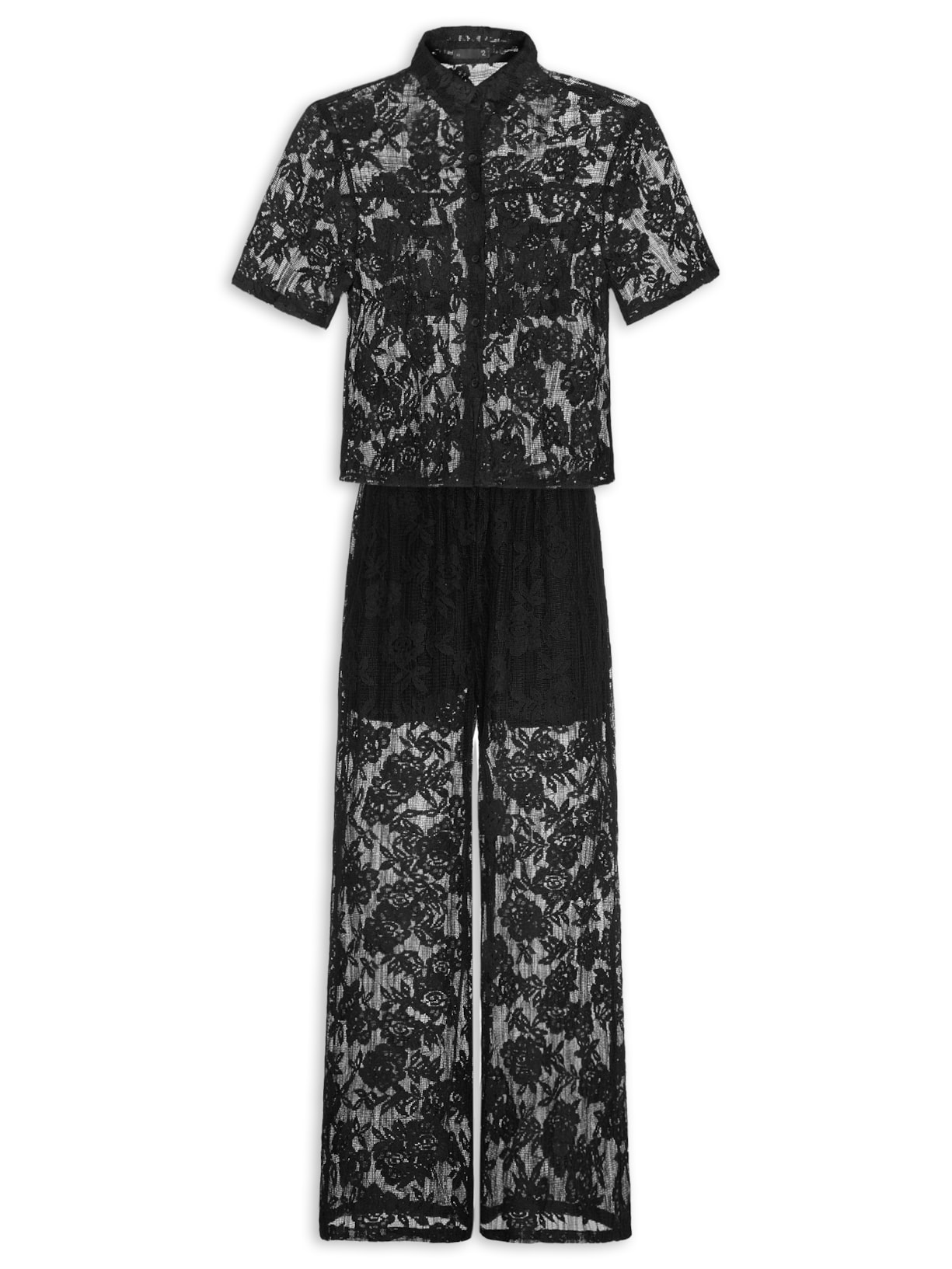 Conjunto Feminino Camisa E Calça Pantalona Em Tela - Preto