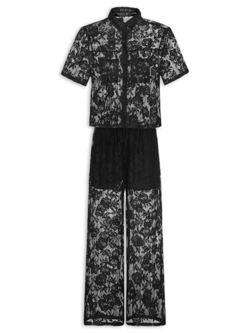 Conjunto Feminino Camisa E Calça Pantalona Em Tela - Preto