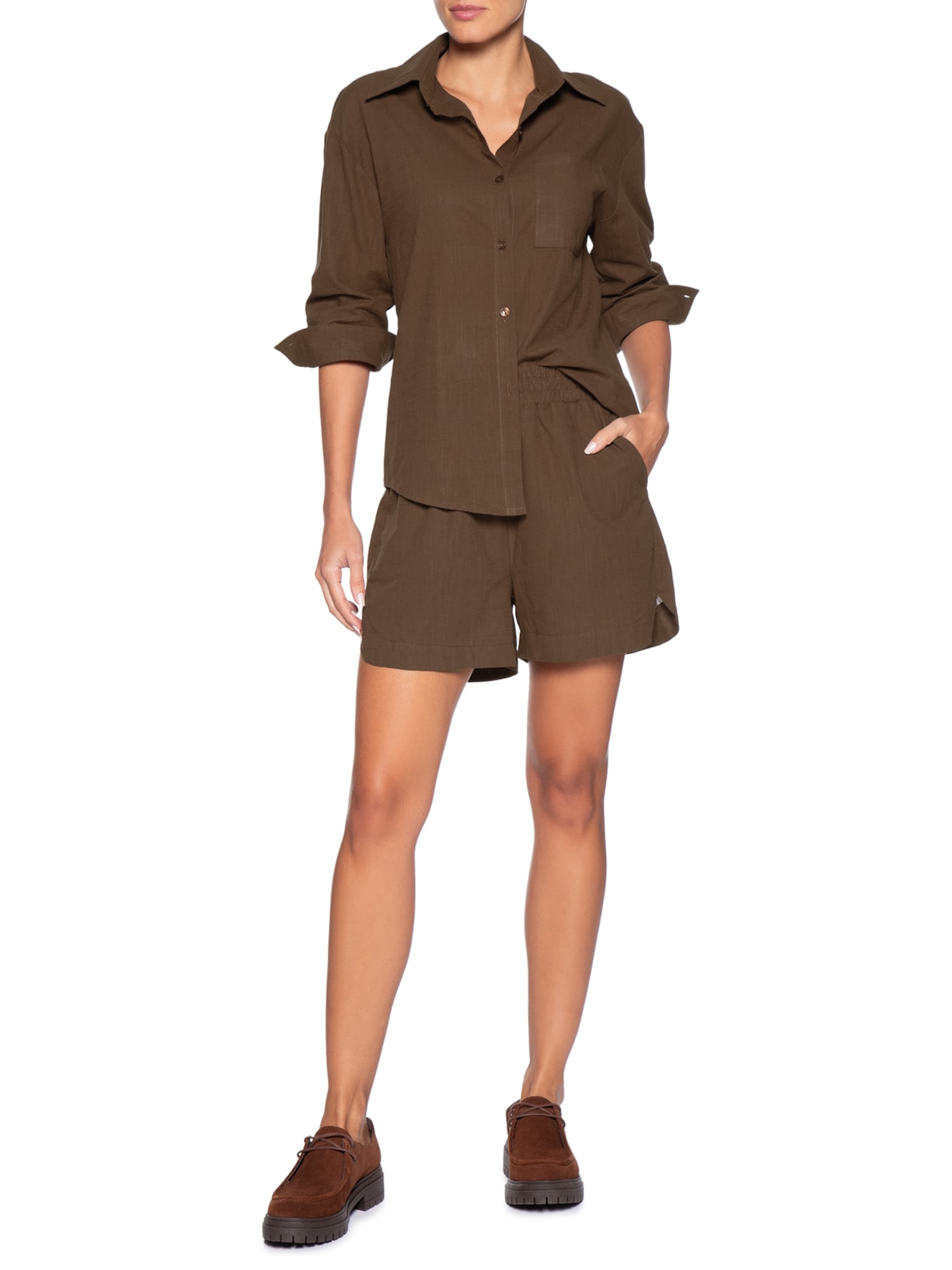 Conjunto Feminino Camisa E Short Marrom Basiq