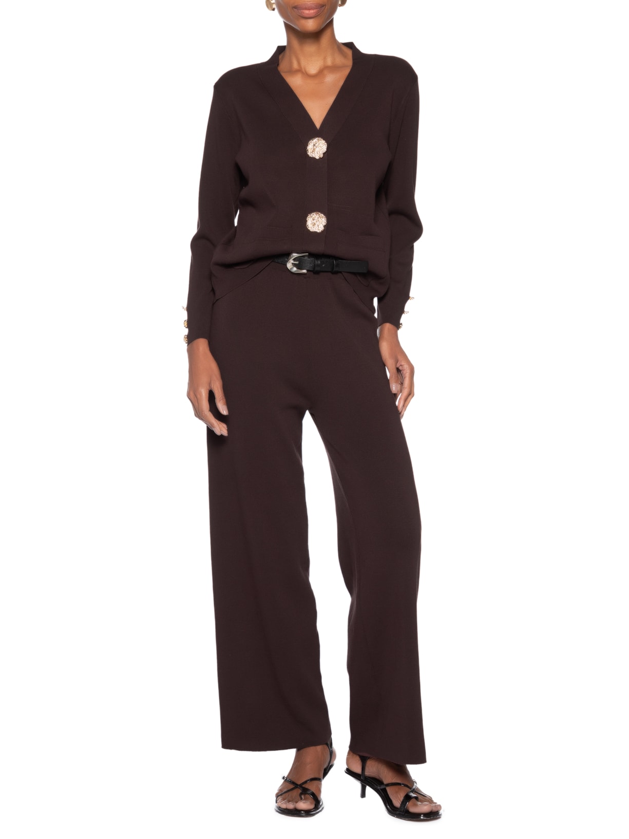 Conjunto Feminino Cardigã E Calça Em Tricot Marrom '2Essential