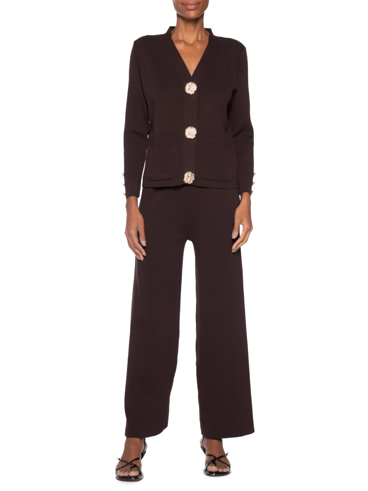 Conjunto Feminino Cardigã E Calça Em Tricot Marrom '2Essential