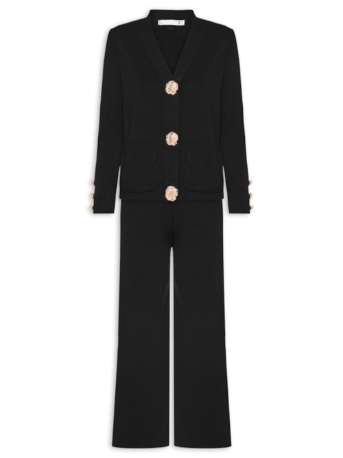Conjunto Feminino Cardigã E Calça Em Tricot - Preto