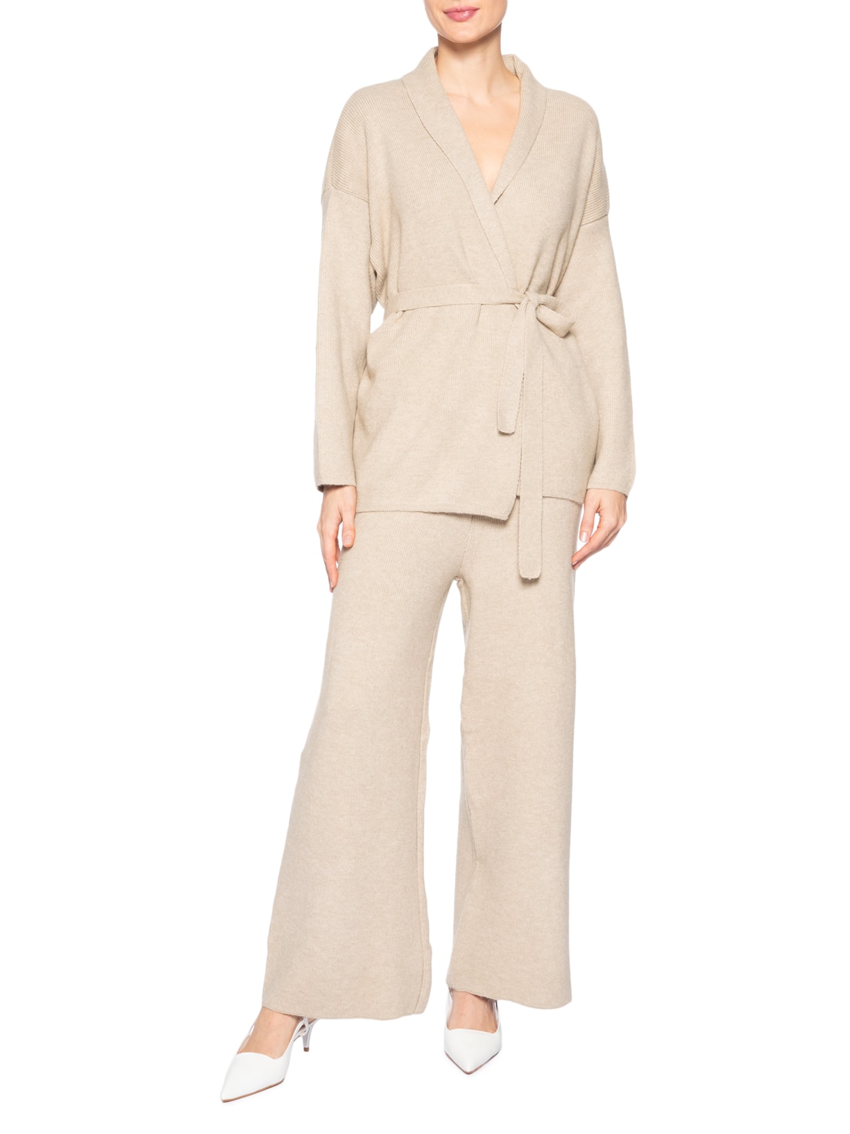 Conjunto Feminino Casaco E Calça Em Tricot Bege '2Essential
