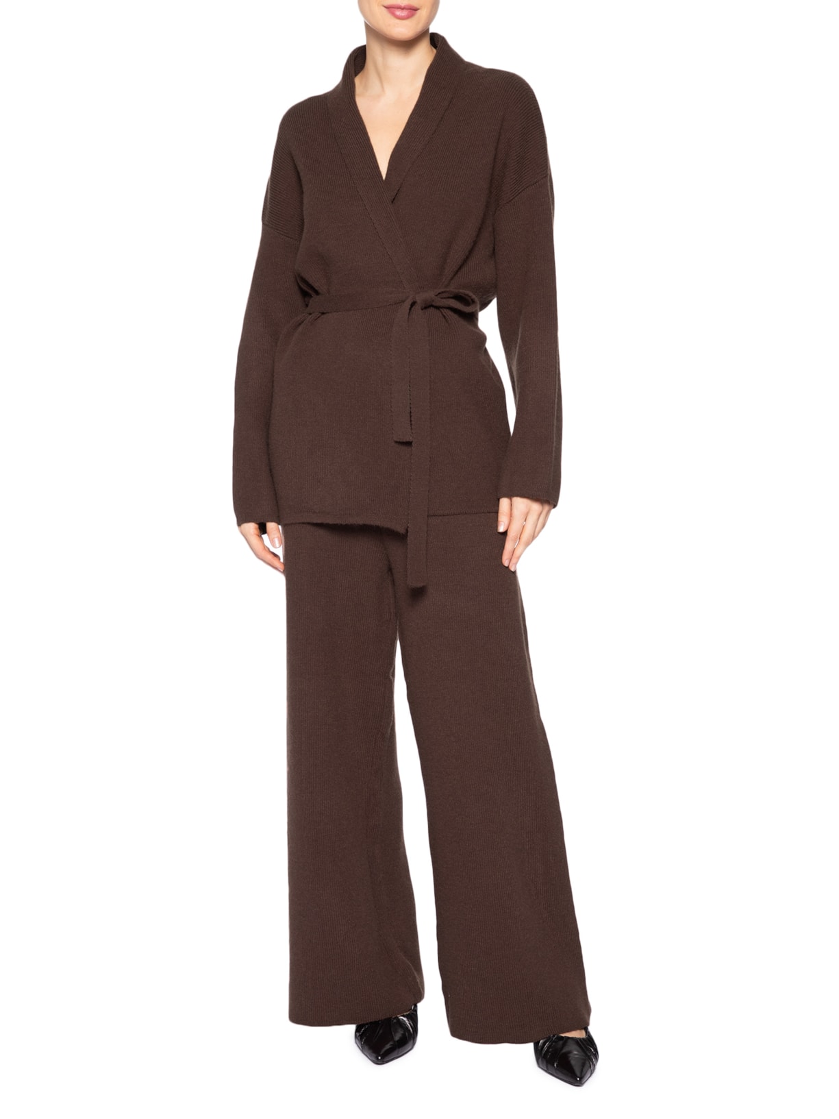 Conjunto Feminino Casaco E Calça Em Tricot Marrom '2Essential