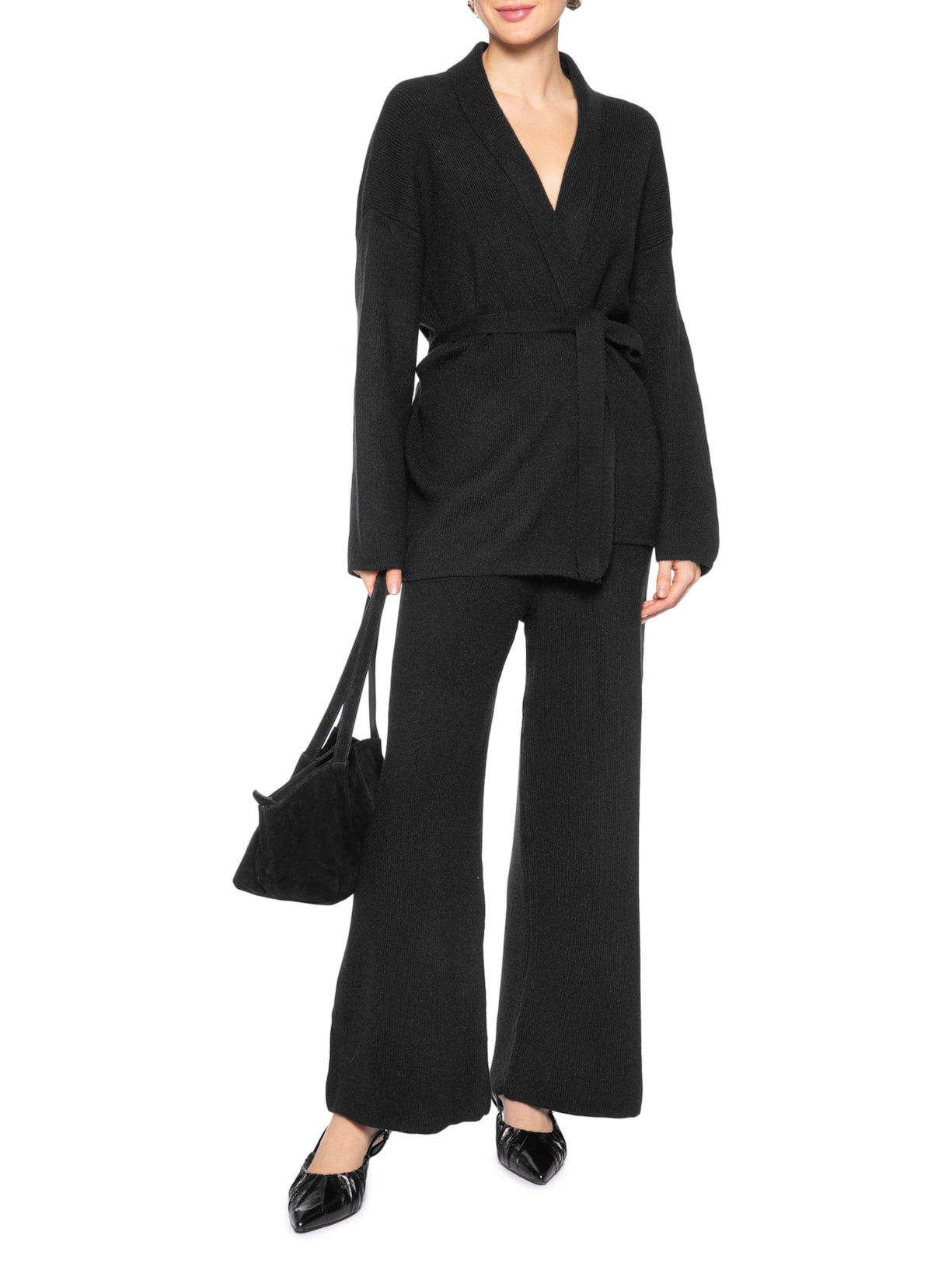 Conjunto Feminino Casaco E Calça Em Tricot Preto '2Essential