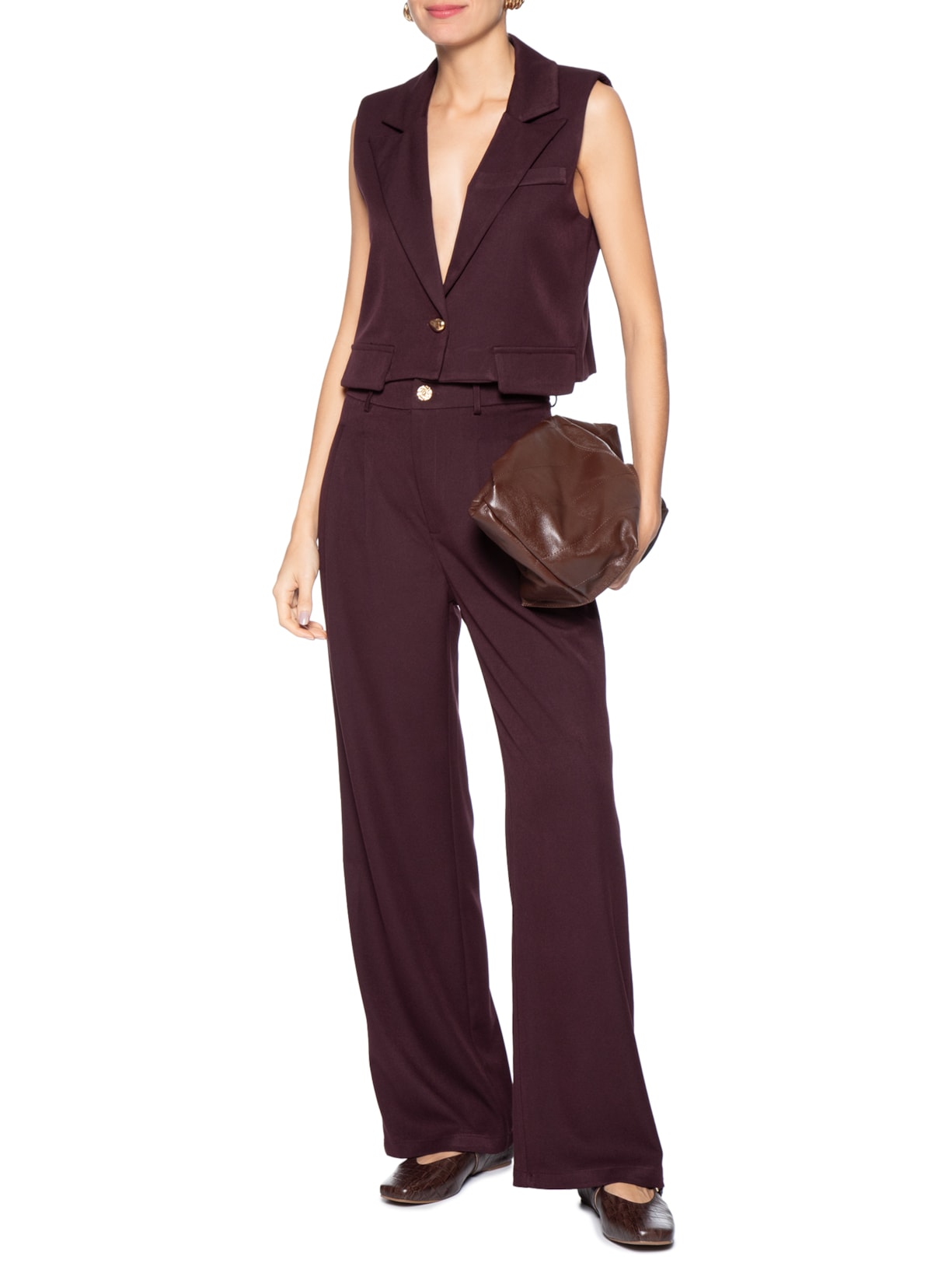 Conjunto Feminino Colete Com Bolsos E Calça Vermelho Basiq