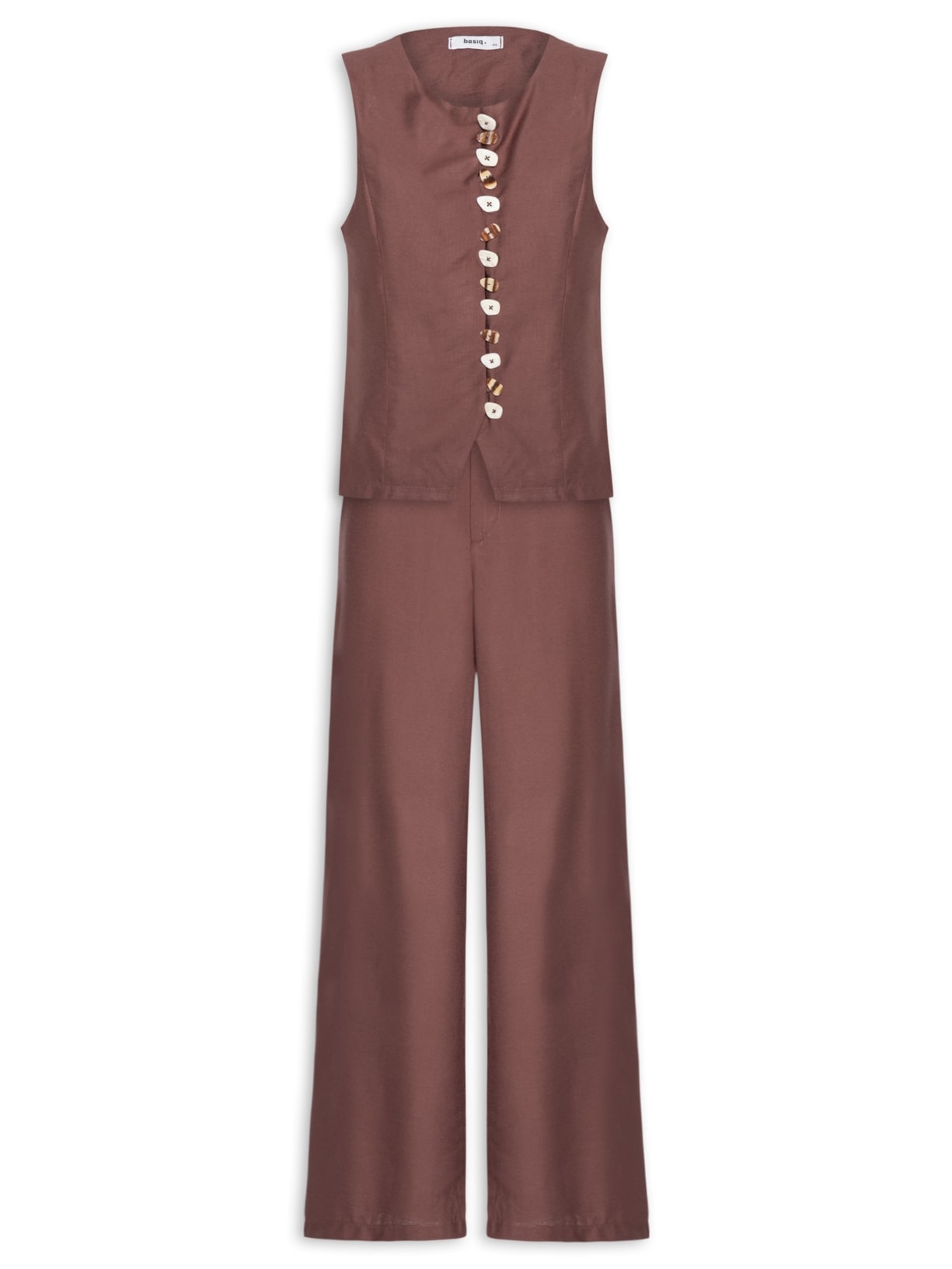 Conjunto Feminino Colete e Calça Botões Naturais - Marrom