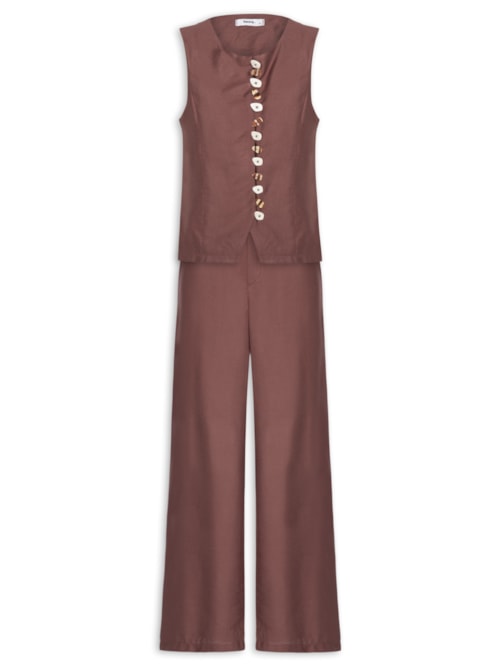 Conjunto Feminino Colete e Calça Botões Naturais - Marrom