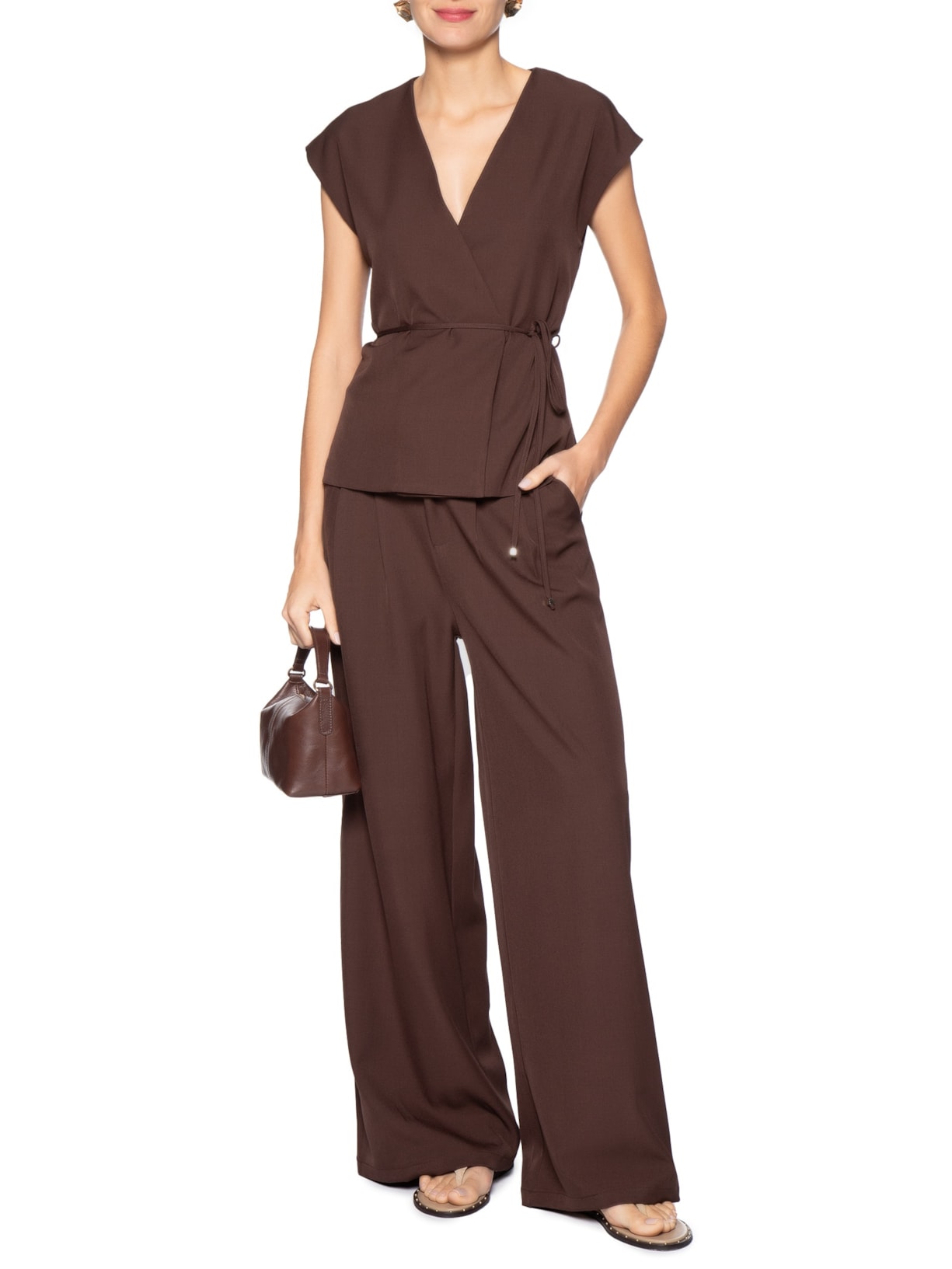 Conjunto Feminino Colete e Calça Com Amarração Marrom Basiq