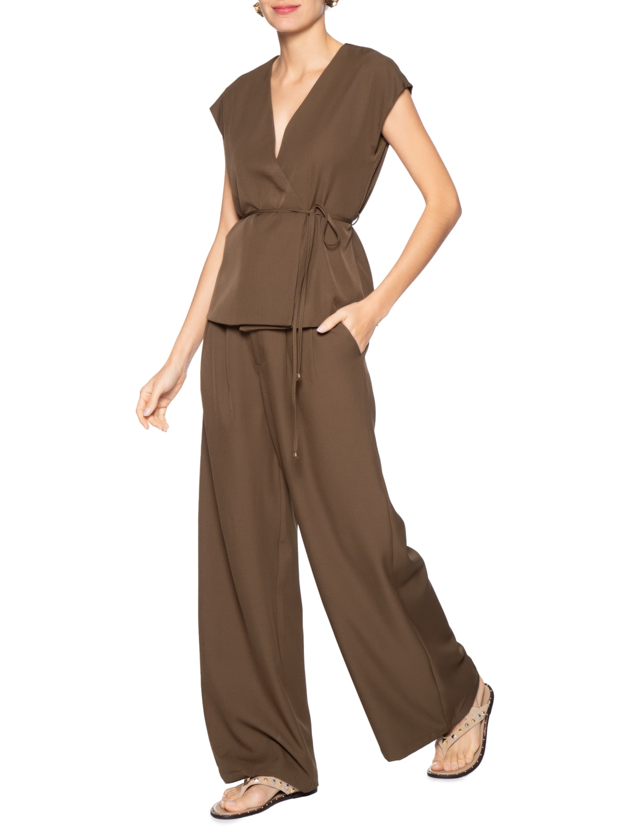 Conjunto Feminino Colete e Calça Com Amarração Marrom Basiq
