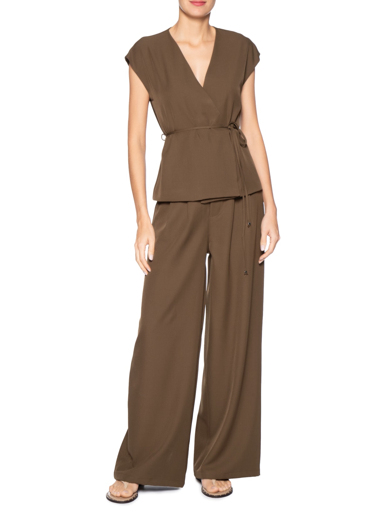 Conjunto Feminino Colete e Calça Com Amarração Marrom Basiq