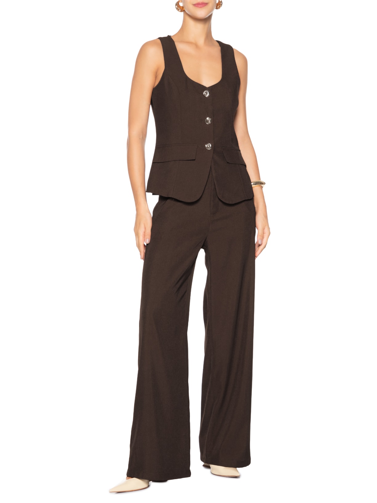 Conjunto Feminino Colete E Calça Pantalona Marrom '2Essential