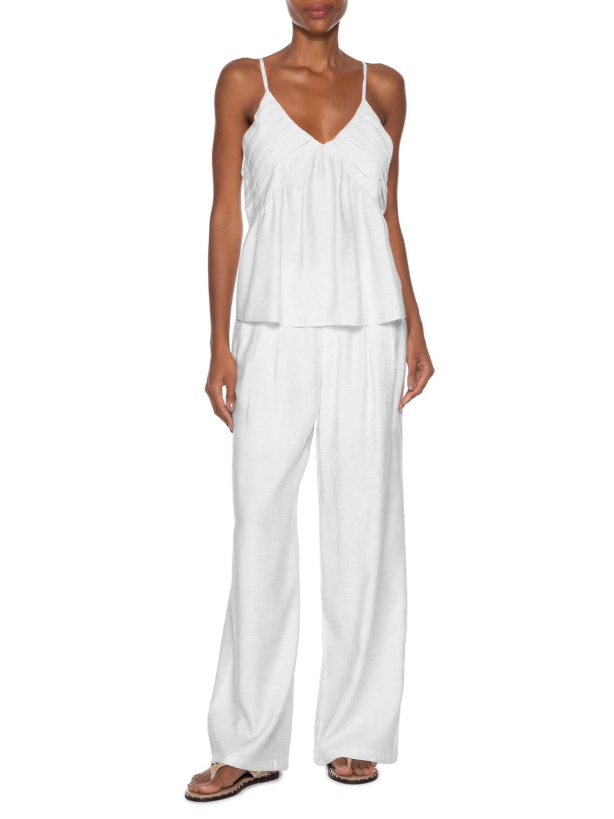 Conjunto Feminino Com Linho Blusa De Alça E Calça Reta Branco Basiq