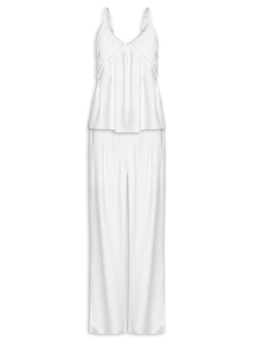 Conjunto Feminino Com Linho Blusa De Alça E Calça Reta - Branco