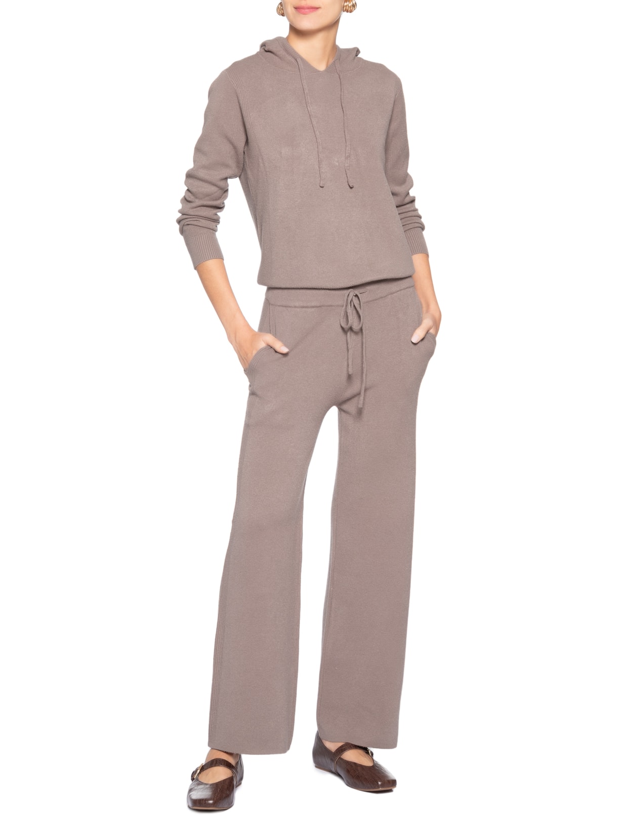 Conjunto Feminino Em Tricot Com Capuz Bege Basiq