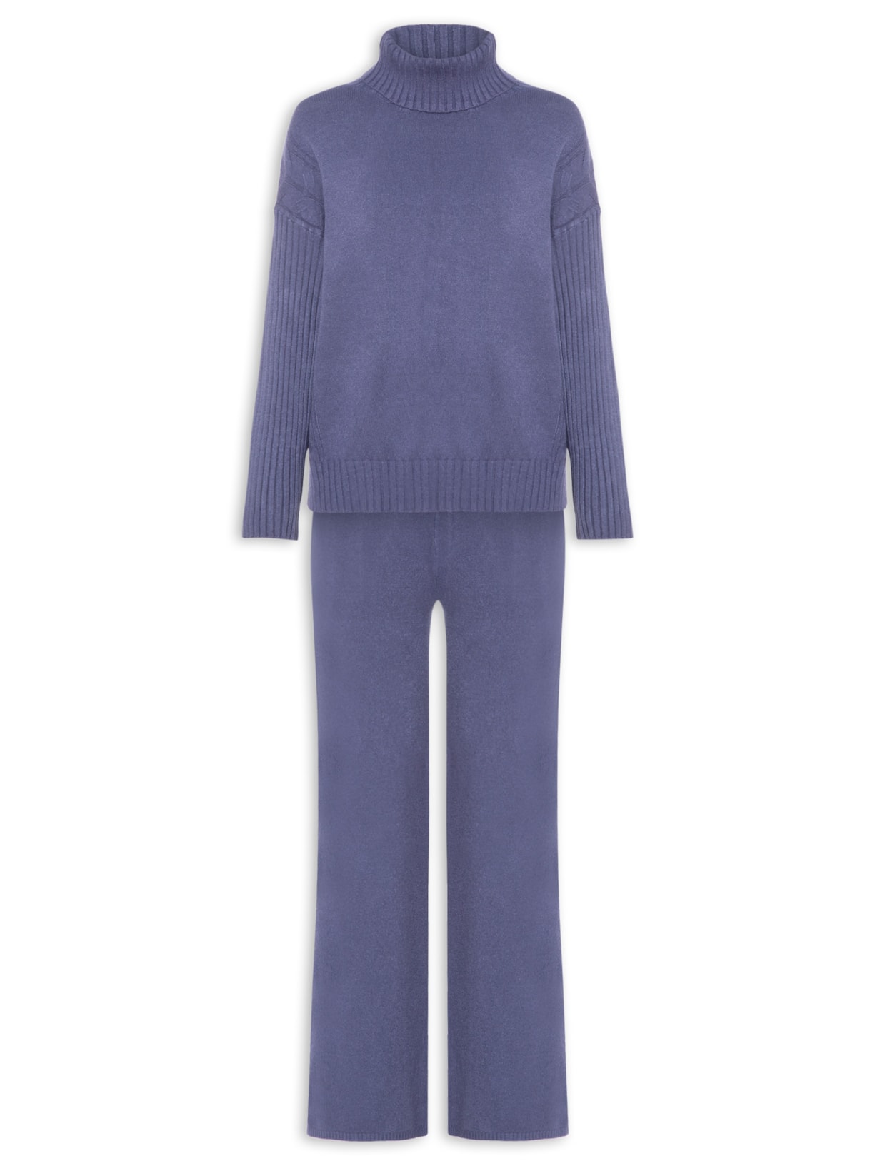 Conjunto Feminino Em Tricot Com Detalhe Texturizado - Azul