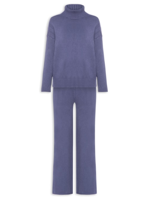 Conjunto Feminino Em Tricot Com Detalhe Texturizado - Azul