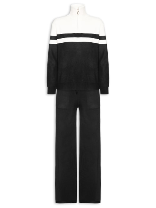 Conjunto Feminino Em Tricot Com Listras - Preto