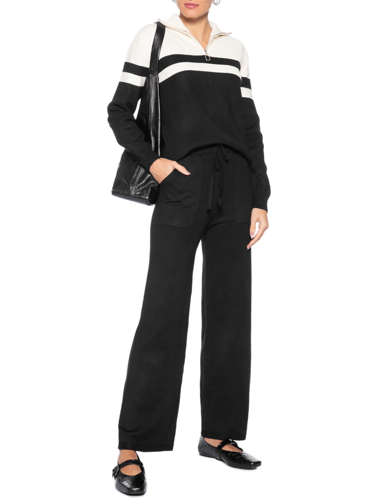Conjunto Feminino Em Tricot Com Listras Preto Basiq