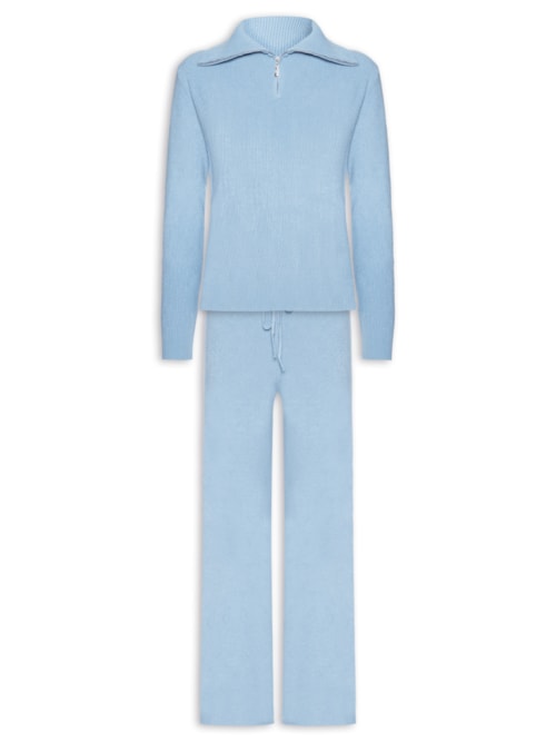 Conjunto Feminino Em Tricot Gola Polo – Azul