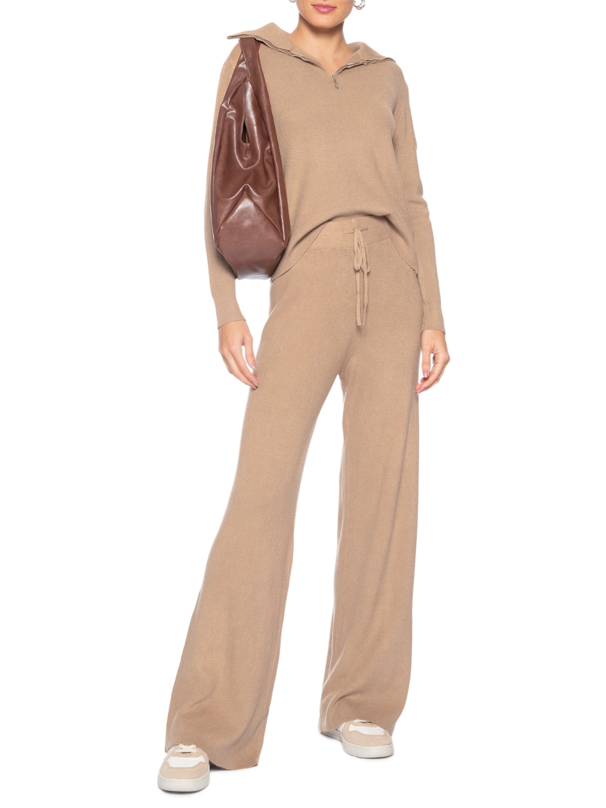 Conjunto Feminino Em Tricot Gola Polo Bege Basiq