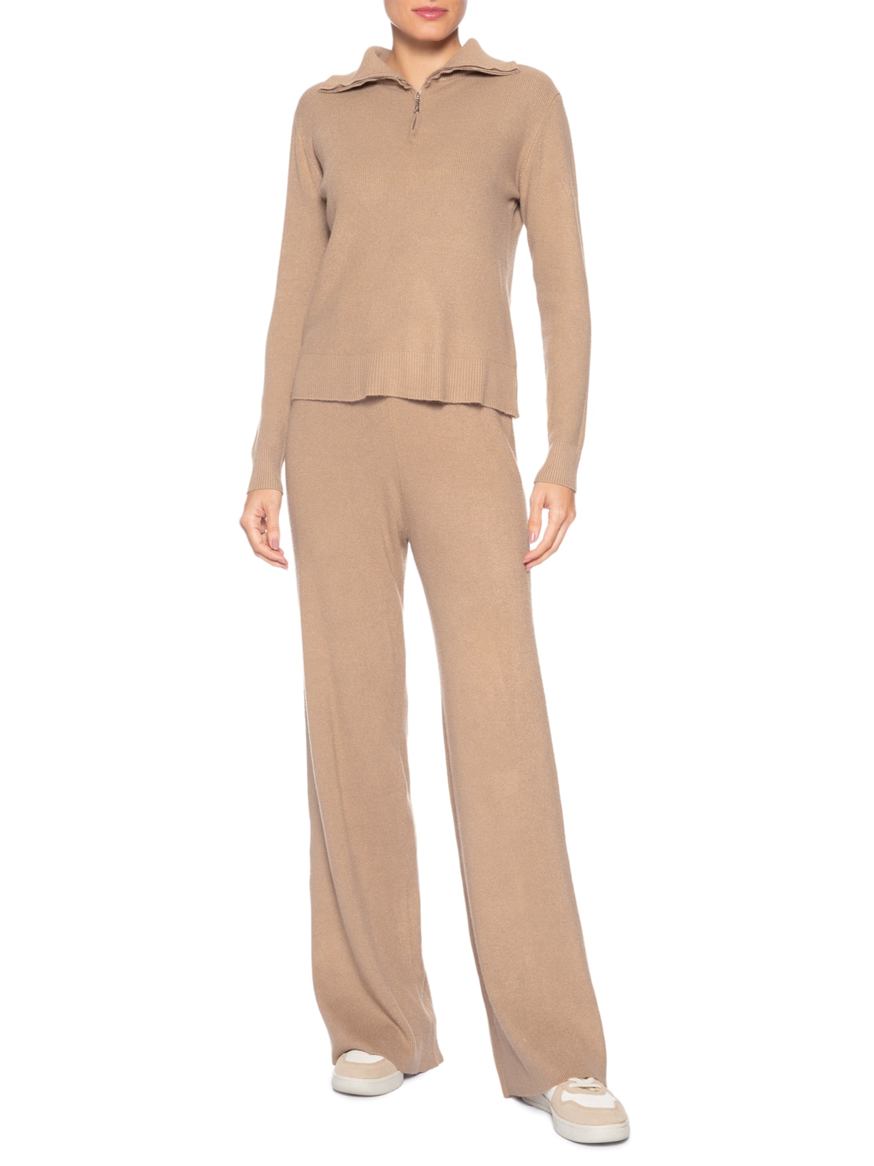 Conjunto Feminino Em Tricot Gola Polo Bege Basiq