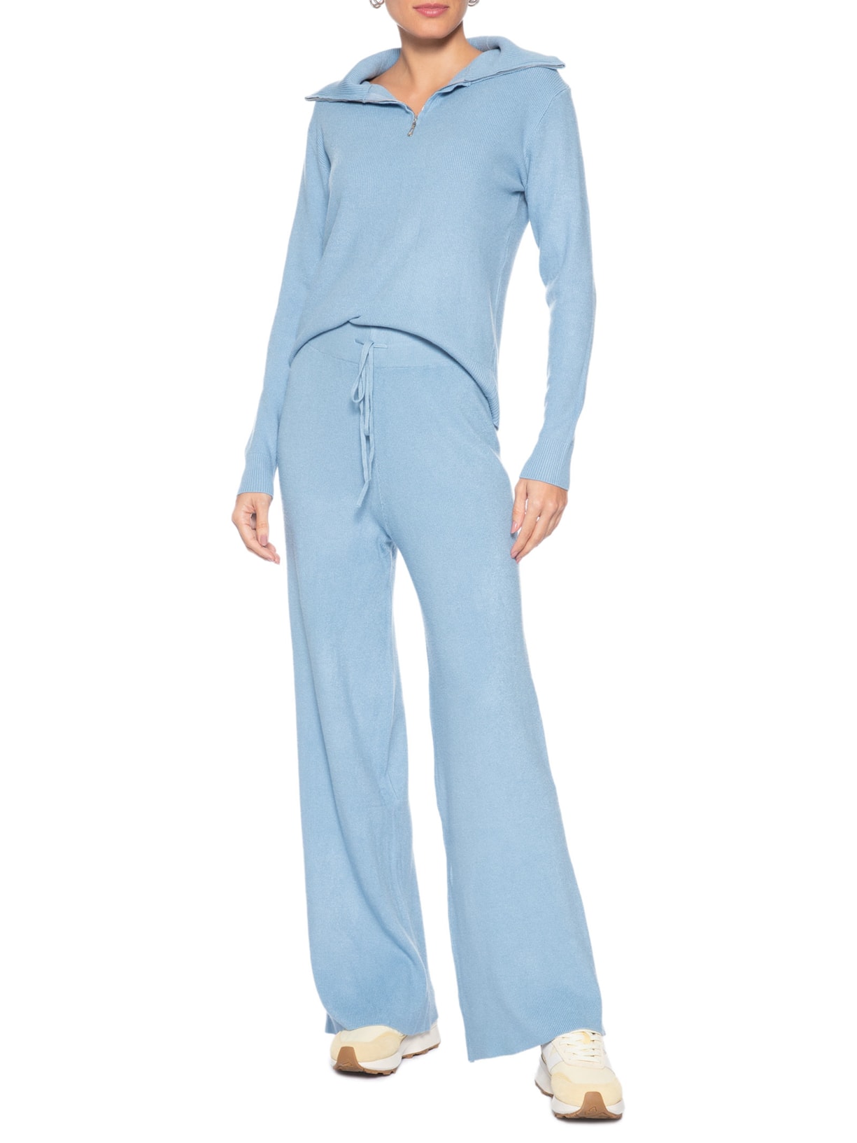 Conjunto Feminino Em Tricot Gola Polo – Azul Basiq