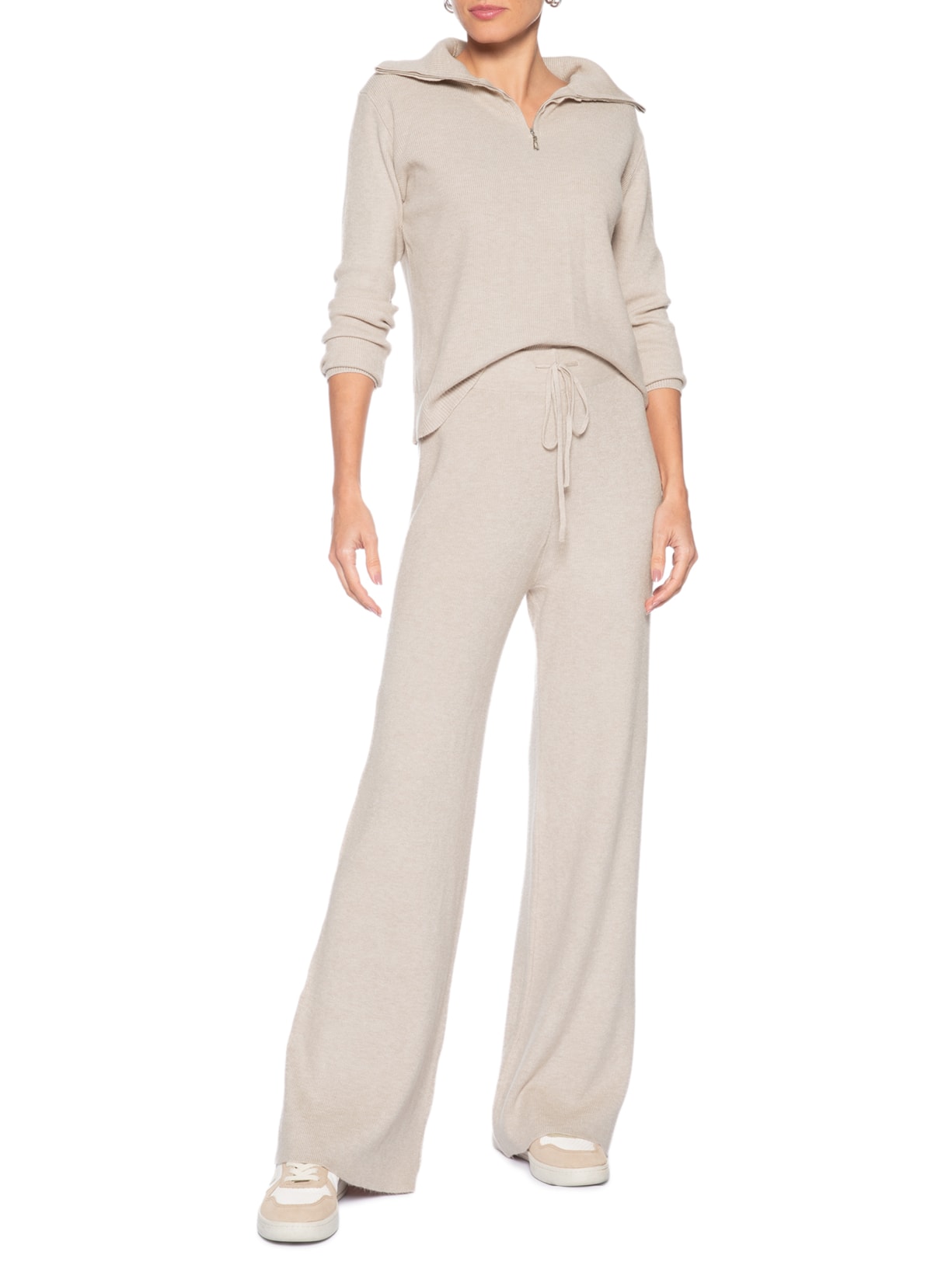 Conjunto Feminino Em Tricot Gola Polo – Bege Basiq