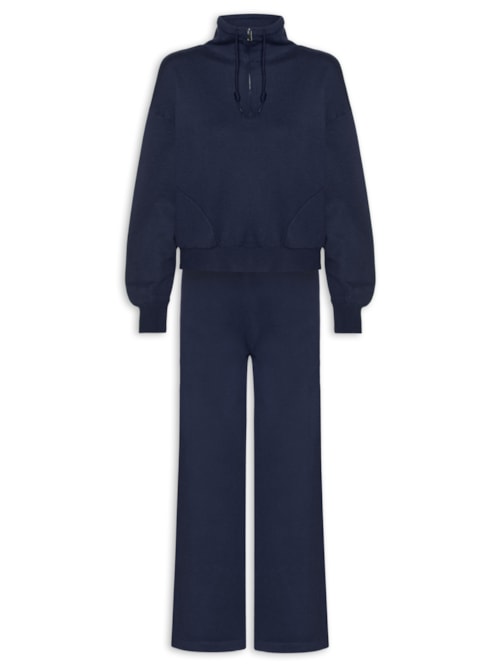 Conjunto Feminino Em Tricot Meio Zíper - Azul