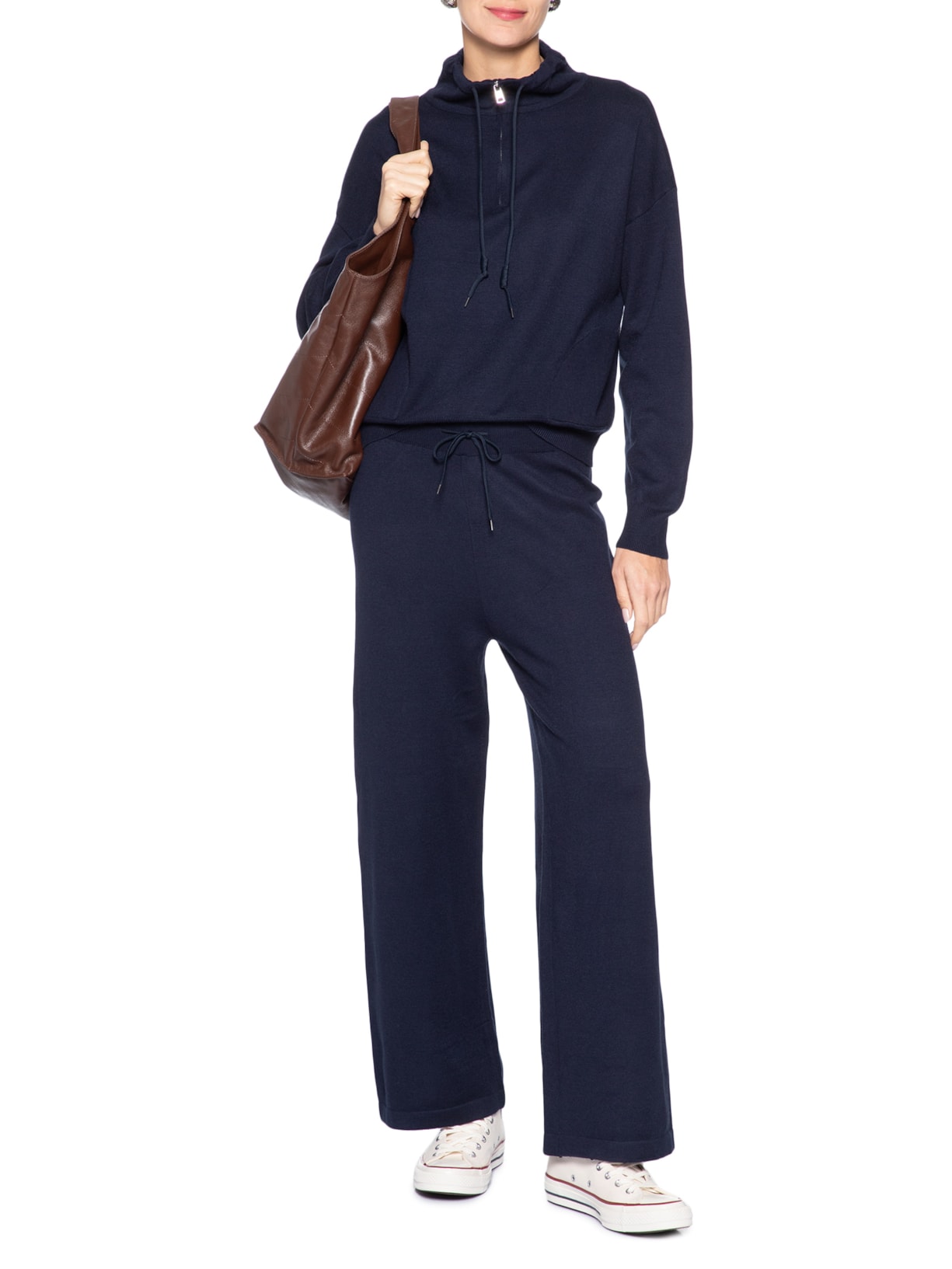 Conjunto Feminino Em Tricot Meio Zíper Azul Basiq