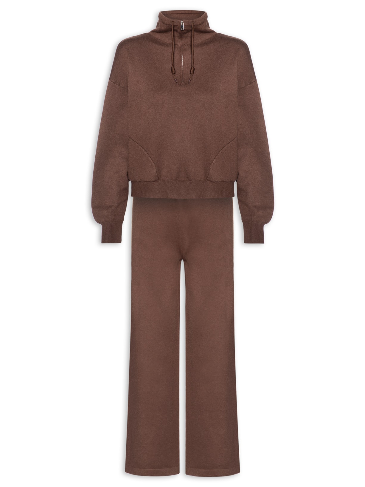 Conjunto Feminino Em Tricot Meio Zíper Marrom Basiq