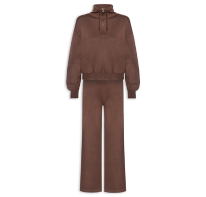 Conjunto Feminino Em Tricot Meio Zíper - Marrom