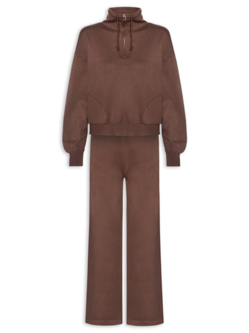 Conjunto Feminino Em Tricot Meio Zíper - Marrom