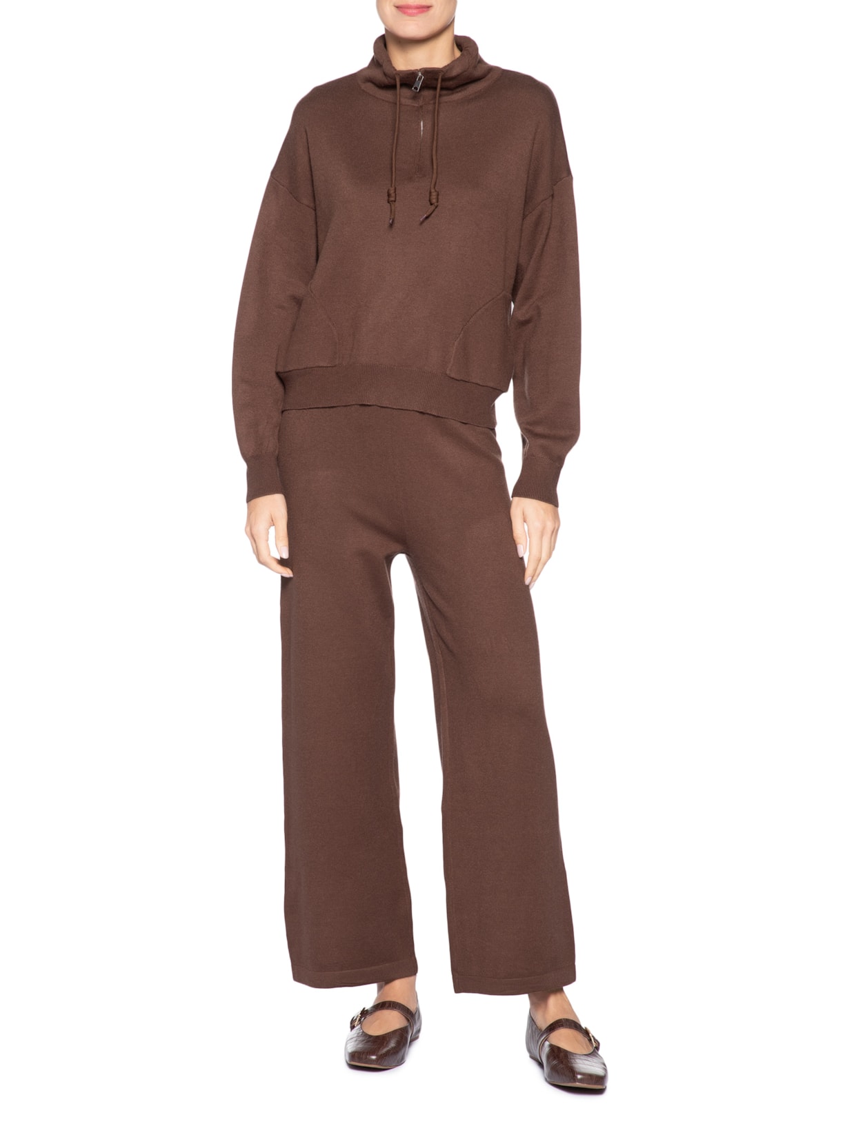 Conjunto Feminino Em Tricot Meio Zíper Marrom Basiq