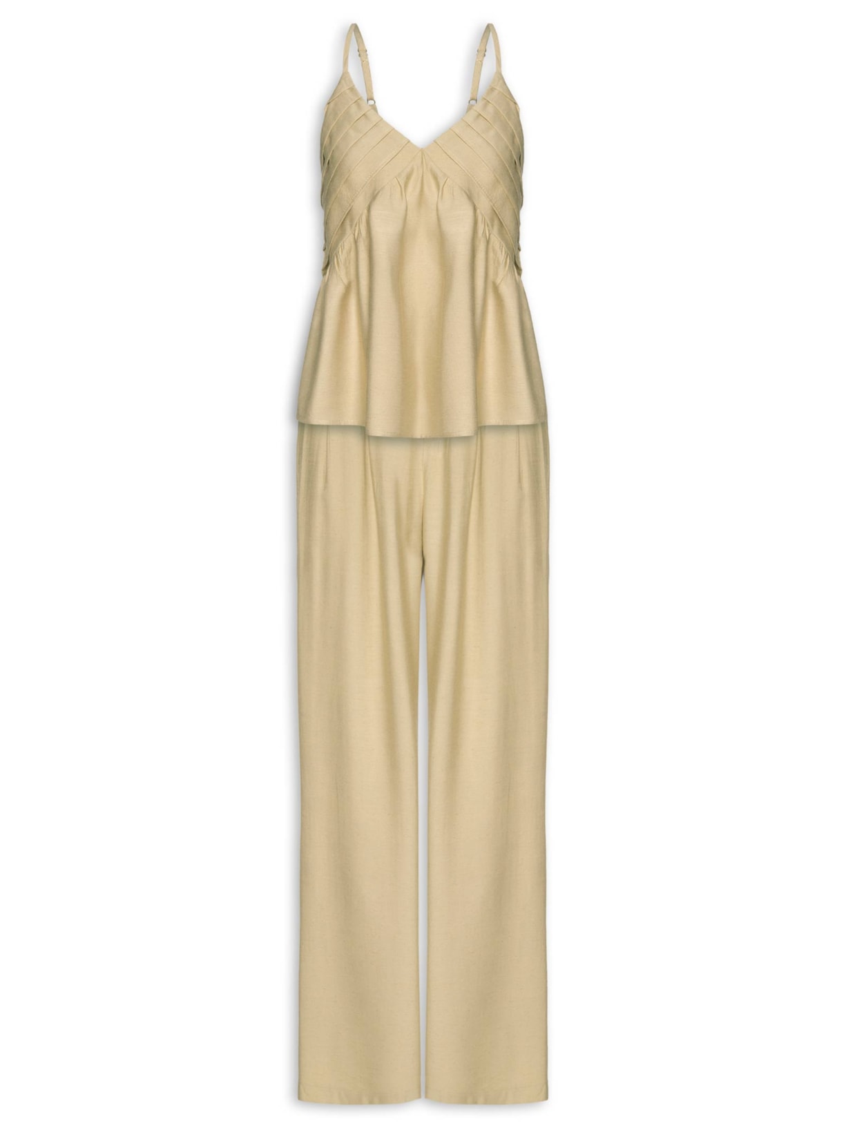 Conjunto Feminino Linho Blusa De Alça Calça Reta - Bege