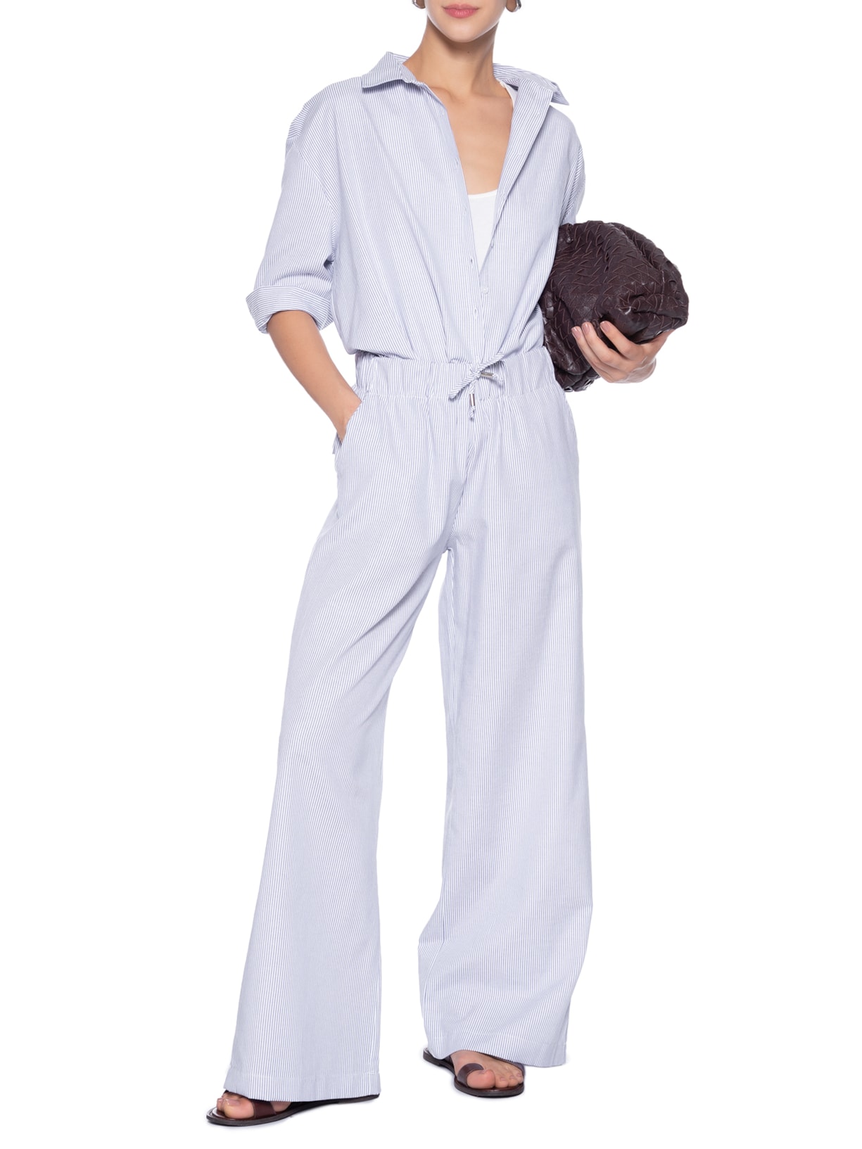 Conjunto Feminino Listrado Camisa E Calça Azul Basiq