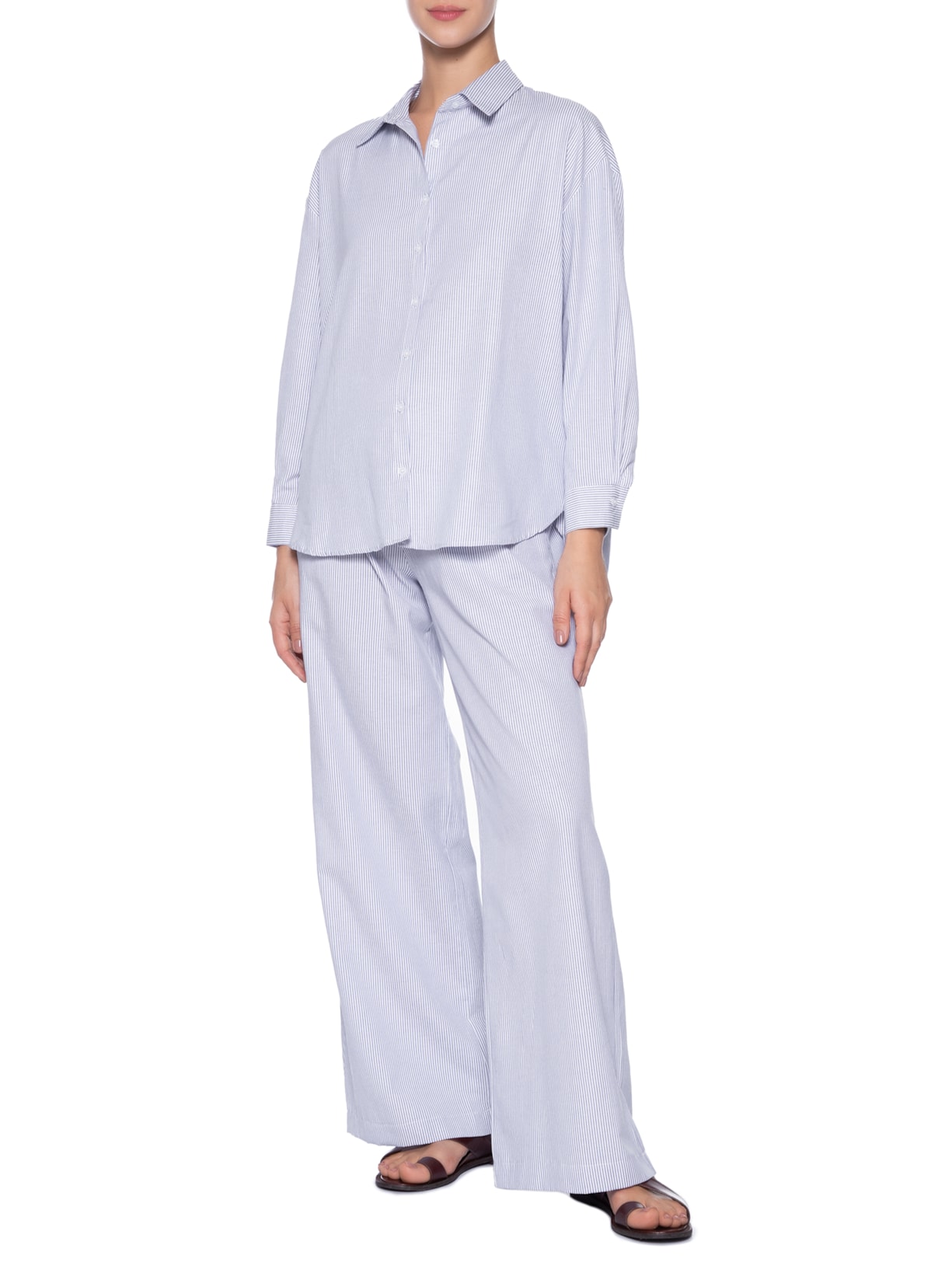 Conjunto Feminino Listrado Camisa E Calça Azul Basiq