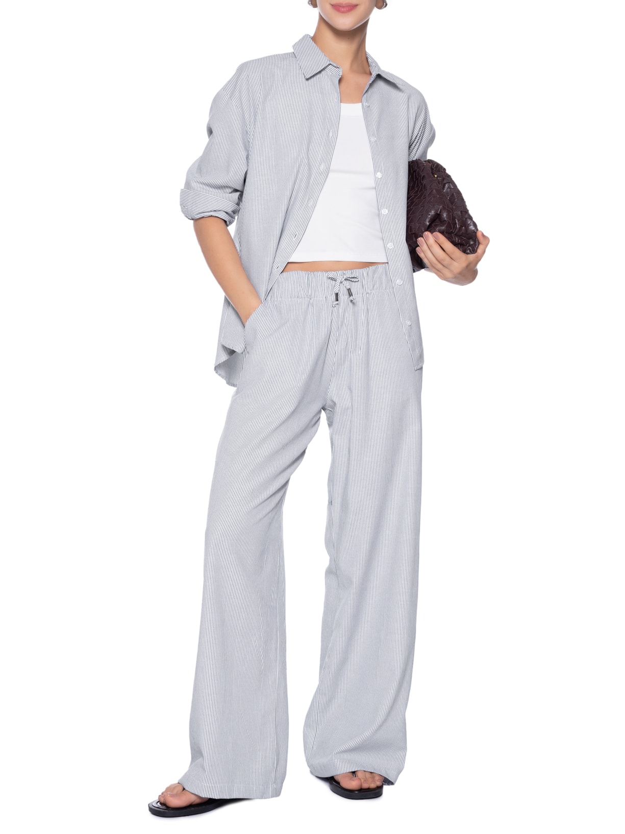 Conjunto Feminino Listrado Camisa E Calça Azul Basiq