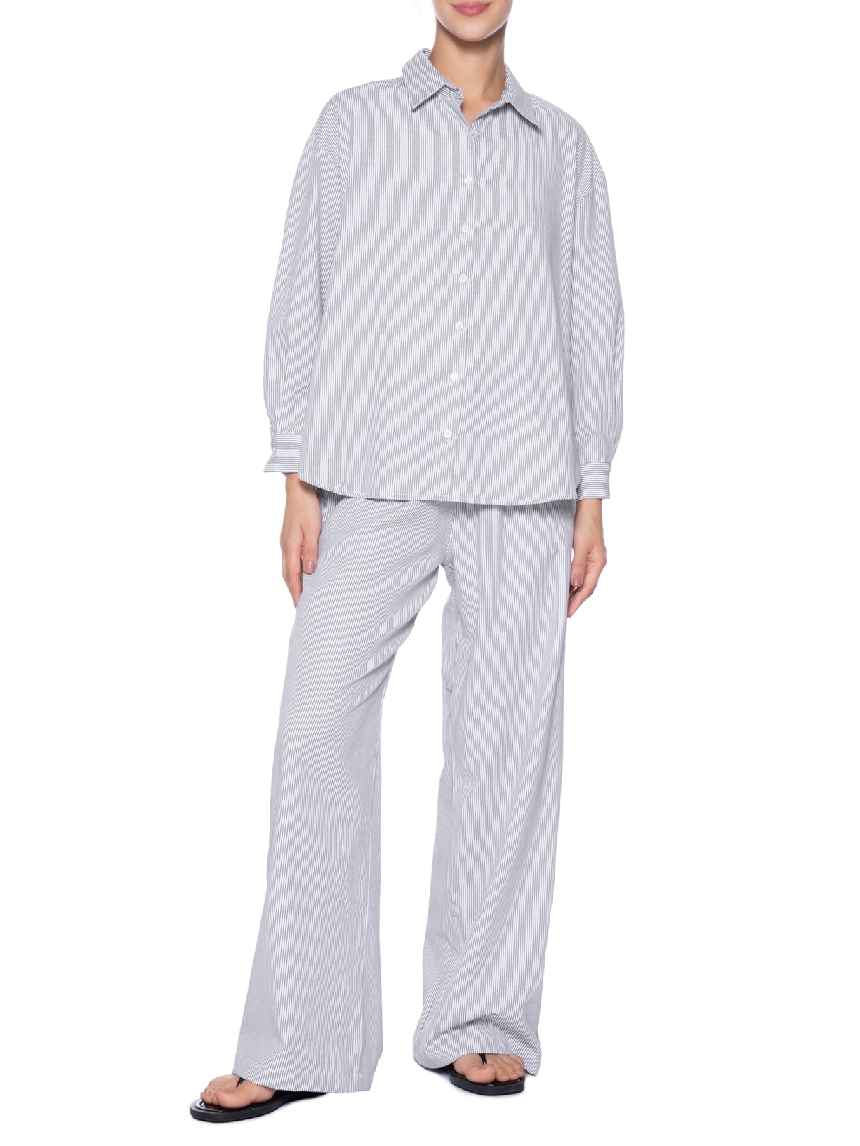 Conjunto Feminino Listrado Camisa E Calça Azul Basiq