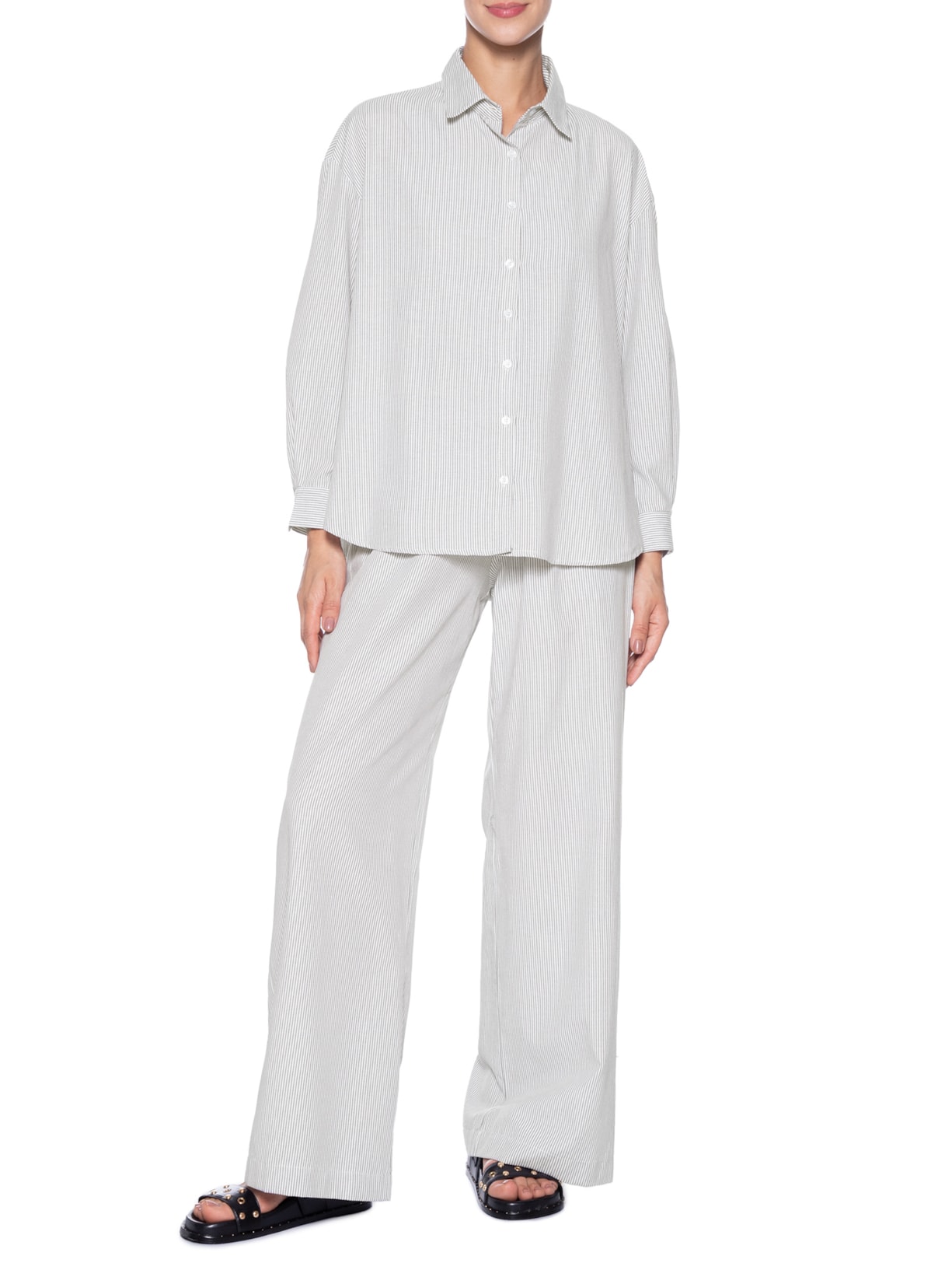 Conjunto Feminino Listrado Camisa E Calça Cinza Basiq