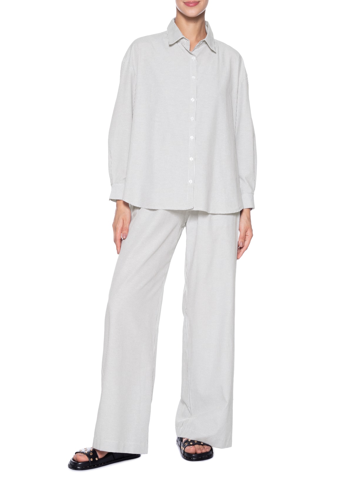 Conjunto Feminino Listrado Camisa E Calça Cinza Basiq