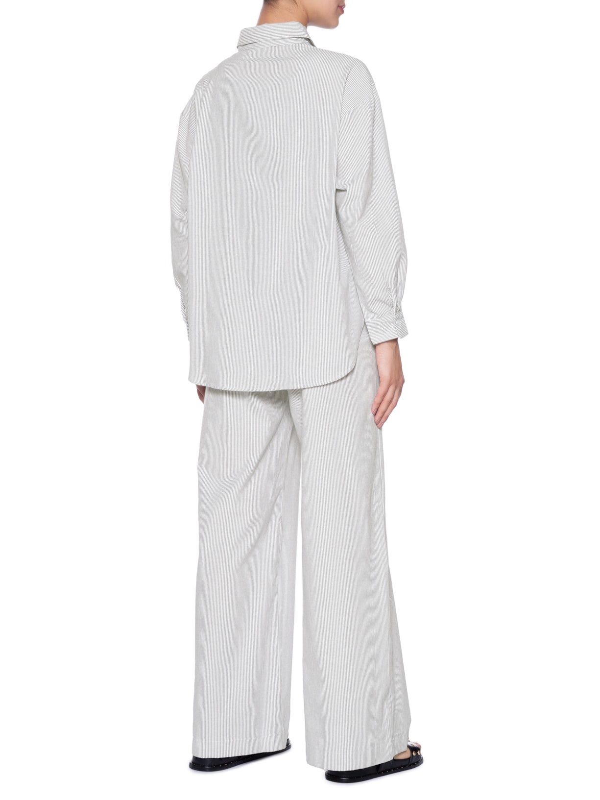 Conjunto Feminino Listrado Camisa E Calça Cinza Basiq