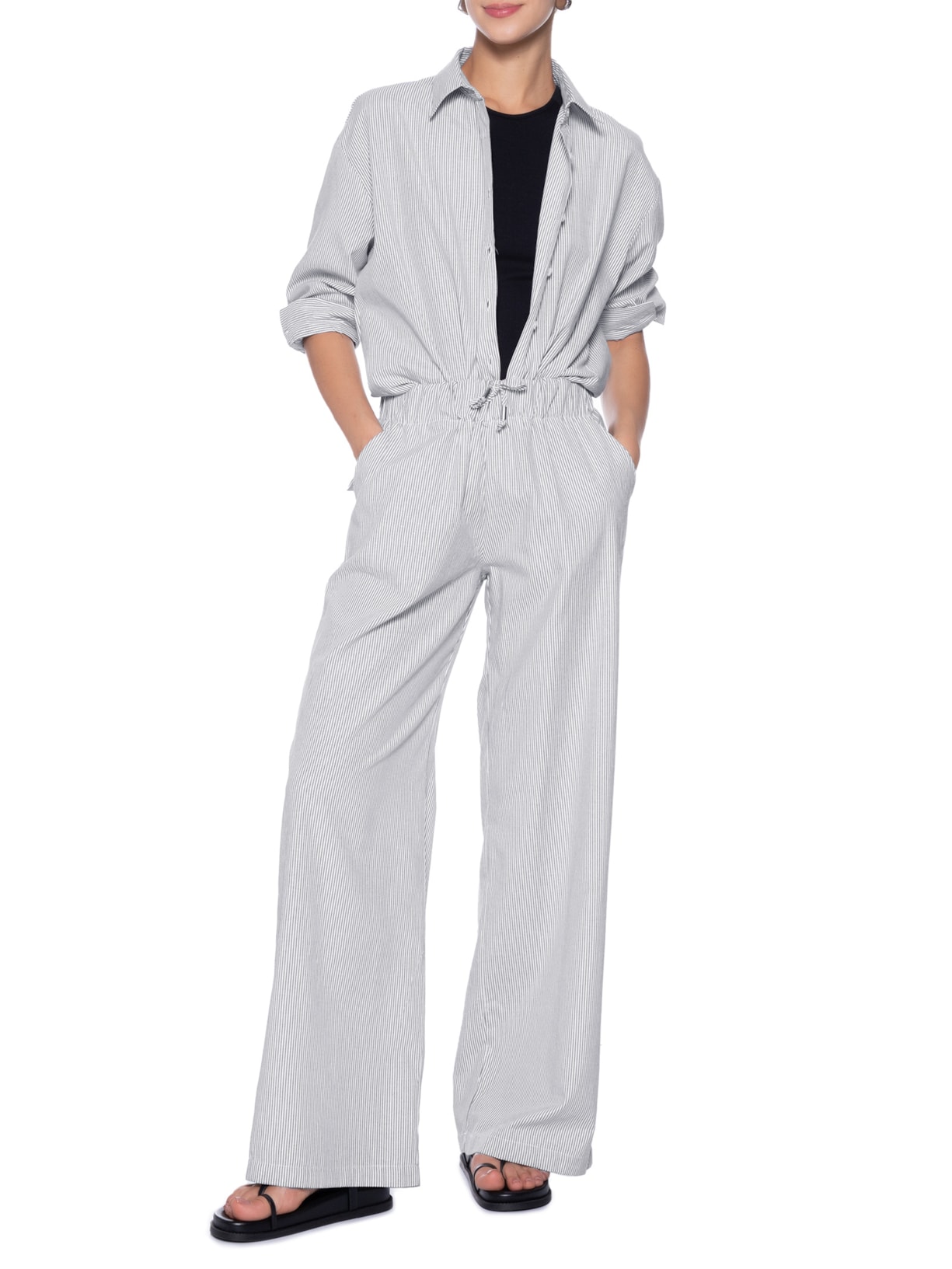 Conjunto Feminino Listrado Camisa E Calça Preto Basiq